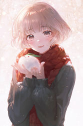 Rule 34 | 1girl, brown eyes, cable knit, daby, grey sweater, highres, holding, open mouth, original, red scarf, scarf, short hair, smile, snow, snow rabbit, sweater, tree