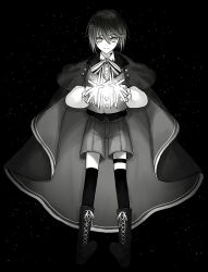 Rule 34 | 1boy, black background, black hair, black thighhighs, boots, cape, closed mouth, grey hair, highres, long sleeves, mahoutsukai no yakusoku, male focus, monochrome, multicolored hair, short hair, shorts, smile, solo, star (symbol), starry background, thighhighs, white (mahoutsukai no yakusoku), yukinotihare