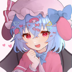 Rule 34 | 1girl, :d, alternate costume, arm up, bat wings, blue bow, blue bowtie, blue hair, blush, bow, bowtie, commentary request, crossed bangs, dot nose, dress, eyelashes, fang, frilled sleeves, frills, fuua (fxae3875), hair ornament, hairclip, hat, hat bow, hat ribbon, highres, light blue hair, long sleeves, mob cap, open mouth, pink dress, pink hat, red bow, red eyes, red ribbon, remilia scarlet, ribbon, short hair, simple background, skin fang, smile, solo, standing, touhou, white background, wings