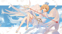 Rule 34 | 1girl, :d, absurdres, ahoge, bison cangshu, blue sky, blurry, cardcaptor sakura, clear card, cloud, crown, day, depth of field, dress, feathered wings, feathers, flying, gloves, green eyes, highres, holding, holding wand, kinomoto sakura, light brown hair, looking at viewer, no socks, open mouth, outdoors, outside border, outstretched arm, shoes, sky, smile, solo, star (symbol), sunlight, wand, white dress, white footwear, white gloves, white wings, wings, yume no tsue