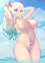 Rule 34 | 1girl, a-o a, absurdres, areola slip, armpits, arms behind head, beach, breasts, curvy, highres, large breasts, looking at viewer, navel, one piece, orange eyes, sky, slingshot swimsuit, solo, swimsuit, thick thighs, thighs, white hair, wide hips, yamato (one piece)