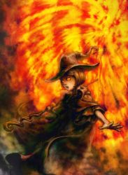 Rule 34 | 1girl, berserk, blurry, bob cut, brown cloak, brown hair, brown hat, brown robe, cloak, fire, glowing, glowing eyes, graphite (medium), hat, magic, morino hiro, open hand, open mouth, orange eyes, outstretched arms, robe, schierke (berserk), short hair, solo, spread fingers, staff, standing, traditional media, witch, witch hat