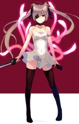 Rule 34 | 1girl, android, animal ears, black thighhighs, cat ears, cat tail, clothes lift, collar, dress, dress lift, eyepatch, kagetomo midori, katana, multiple tails, no shoes, original, panties, pantyshot, sheath, solo, standing, sword, tail, thighhighs, twintails, underwear, weapon