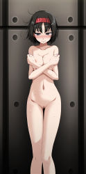 Rule 34 | 1girl, absurdres, against wall, black eyes, black hair, blush, breasts, censored, closed mouth, collarbone, completely nude, covering breasts, covering privates, creatures (company), embarrassed, erika (pokemon), game freak, hairband, highres, looking away, medium breasts, mosaic censoring, nail polish, navel, nintendo, nude, pink nails, pokemon, pokemon frlg, pussy, red hairband, short hair, solo, standing, sweatdrop, tears, thigh gap, tsukishiro saika
