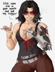 Rule 34 | 1girl, black hair, black tank top, breasts, brown pants, cigar, cleavage, commentary, cyberpunk (series), cyberpunk 2077, cyborg, dog tags, english text, finger gun, fingernails, genderswap, genderswap (mtf), grin, highres, holding, holding cigar, jewelry, johnny silverhand, large breasts, long fingernails, mechanical arms, necklace, pants, plunging neckline, ring, single mechanical arm, smile, solo, sunglasses, tank top, yoracrab