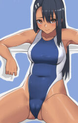 Rule 34 | 1girl, absurdres, armpits, bare arms, black hair, blue background, blue one-piece swimsuit, blush, breasts, brown eyes, cameltoe, closed mouth, collarbone, commentary, competition swimsuit, dark-skinned female, dark skin, female focus, gluteal fold, groin, hair between eyes, hair ornament, hairclip, highres, ijiranaide nagatoro-san, lips, long hair, looking at viewer, medium breasts, mori makoto, nagatoro hayase, one-piece swimsuit, shiny skin, simple background, sitting, smile, solo, straight hair, swimsuit, tan, thighs, upturned eyes, very long hair, wet