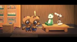 Rule 34 | 2boys, animal crossing, animal ears, apron, blue apron, blue eyes, commentary request, guitar, highres, indoors, instrument, letterboxed, male focus, multiple boys, nintendo, plant, raccoon, raccoon ears, raccoon tail, saino misaki, standing, stuffed animal, stuffed panda, stuffed toy, tail, tambourine, telescope, timmy (animal crossing), tommy (animal crossing), wooden wall