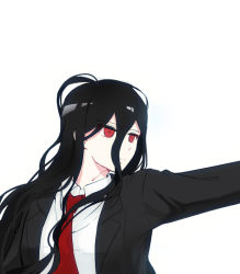 Rule 34 | 1boy, black hair, black jacket, closed mouth, collared shirt, danganronpa (series), danganronpa 2: goodbye despair, jacket, kamukura izuru, long hair, looking to the side, messy hair, necktie, open clothes, open jacket, outstretched arm, red necktie, seumol sx, shirt, simple background, solo, upper body, white background, white shirt
