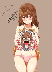 Rule 34 | 1girl, blush, brown background, brown eyes, brown hair, censored, censored nipples, character censor, closed mouth, clothes lift, collarbone, cowboy shot, dated, gluteal fold, groin, hair between eyes, highres, inazuma (kancolle), kantai collection, lifting own clothes, long hair, novelty censor, panties, pink panties, signature, simple background, solo, underwear, yua (checkmate)