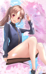 Rule 34 | 1girl, black footwear, blue jacket, blue sky, brown hair, cherry blossoms, cloud, cloudy sky, commentary, day, highres, holding, in tree, jacket, lens flare, long hair, long sleeves, looking at viewer, mahjong, mahjong tile, mamaa (maeni6379), naked jacket, no socks, open mouth, outdoors, ponytail, red eyes, saki, saki (manga), saki achiga-hen, shoes, sitting, sky, smile, sneakers, solo, sunlight, takakamo shizuno, track jacket, tree