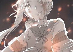 Rule 34 | 1girl, anchor symbol, asakawa shinka, ayanami (kancolle), bad id, bad twitter id, blood, blood from mouth, blood on face, cannon, commentary, fire, grin, kantai collection, long hair, looking at viewer, machinery, monochrome, neck ribbon, ribbon, rigging, school uniform, serafuku, short sleeves, side ponytail, smile, smoke, solo, strap, teeth, turret, upper body, weapon