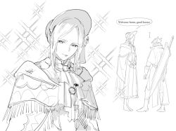 Rule 34 | 1girl, 1other, bloodborne, bonnet, boots, brooch, cloak, closed mouth, commentary request, english text, greatsword, greyscale, hat, hunter (bloodborne), jewelry, kikujira, looking at viewer, medium hair, monochrome, plain doll, sidelocks, simple background, sketch, smile, sparkle background, speech bubble, swept bangs, sword, sword behind back, tricorne, weapon, white background