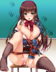 Rule 34 | 1girl, areola slip, black thighhighs, blue eyes, blush, bra, breast hold, breasts, brown hair, chair, chalkboard, cleavage, female focus, gradient background, highres, large breasts, long hair, looking at viewer, monety, off shoulder, open clothes, open mouth, original, panties, pink bra, pink panties, pussy juice, ribbon, school uniform, sitting, solo, thighhighs, underwear