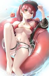 Rule 34 | 1girl, absurdres, bare shoulders, barefoot, bikini, bikini under clothes, black jacket, breasts, breasts apart, collarbone, dolphin shorts, earrings, feet, grin, halterneck, heart, heart earrings, heart necklace, heterochromia, highres, hololive, houshou marine, houshou marine (summer), innertube, jacket, jewelry, large breasts, leg up, long hair, looking at viewer, lying, navel, necklace, on back, ponytail, red bikini, red eyes, red hair, see-through, see-through shorts, short shorts, shorts, smile, solo, stomach, string bikini, swim ring, swimsuit, thigh strap, toenails, toes, tsurupy, virtual youtuber, water, wet, wet shorts, white shorts, yellow eyes