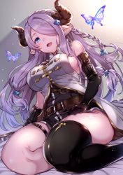 Rule 34 | 10s, 1girl, :d, asymmetrical gloves, asymmetrical legwear, backlighting, bad id, bad pixiv id, bare shoulders, bed sheet, belt, belt buckle, black dress, black gloves, black thighhighs, blue eyes, blush, braid, breasts, buckle, bug, butterfly, draph, dress, elbow gloves, from below, gloves, granblue fantasy, hair ornament, hair over one eye, highres, horns, insect, kat (bu-kunn), lace trim, lap pillow invitation, large breasts, light particles, light purple hair, long hair, looking at viewer, microdress, narmaya (granblue fantasy), one eye covered, open mouth, pointy ears, purple hair, single braid, single thighhigh, sitting, sleeveless, smile, solo, thigh strap, thighhighs, uneven gloves, uneven legwear, yokozuwari