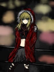 Rule 34 | 1girl, alternate costume, black pantyhose, black skirt, black souls, black souls ii, blonde hair, blue eyes, blurry, cable, casual, coat, contemporary, cowboy shot, crop top, earphones, expressionless, fur-trimmed hood, fur trim, hand in pocket, hands in pockets, hood, hood up, hooded jacket, hoodie, jacket, jaggy lines, little red riding hood, long hair, looking at viewer, midriff, miniskirt, navel, open clothes, open jacket, pantyhose, parka, pleated skirt, red coat, red hood (black souls), red jacket, scarf, sketch, skirt, solo, standing, sushi yuusha toro, textless version, torn clothes, torn legwear