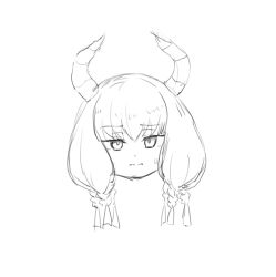 Rule 34 | 1girl, aura (sousou no frieren), braid, closed mouth, demon horns, greyscale, hair between eyes, head only, horns, long hair, looking at viewer, monochrome, simple background, solo, sousou no frieren, sweat, white background, yada (xxxadaman)