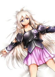 Rule 34 | 1girl, blue eyes, brai, braid, detached sleeves, highres, ia (vocaloid), long hair, lying, magu (mugsfc), on back, outstretched arms, silver hair, skirt, smile, solo, twin braids, vocaloid