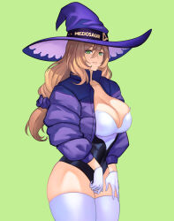Rule 34 | 1girl, alternate costume, breasts, brown hair, cleavage, commentary, genshin impact, gloves, green eyes, grin, hair ornament, hair scrunchie, hat, jacket, large breasts, lisa (genshin impact), long hair, long sleeves, looking at viewer, meziosaur, purple hat, purple jacket, purple scrunchie, scrunchie, simple background, smile, solo, thighhighs, thighs, white gloves, white thighhighs, witch hat