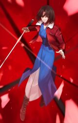 1girl aokurage_1201 blue_kimono breaking brown_hair fighting_stance highres holding holding_sword holding_weapon jacket japanese_clothes kara_no_kyoukai katana kimono red_eyes ryougi_shiki short_hair solo sword weapon