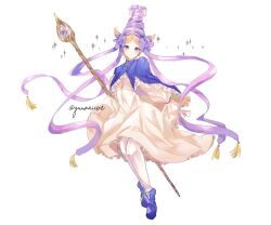 Rule 34 | 1girl, blonde hair, blush, bow, capelet, closed mouth, commentary request, dress, full body, hair bow, highres, holding, holding staff, horns, ininia (tongari boushi no atelier), lilysserein, long sleeves, looking at viewer, pantyhose, purple capelet, purple eyes, purple footwear, shoes, short hair, sleeves past fingers, sleeves past wrists, solo, sparkle, staff, tassel, tongari boushi no atelier, twitter username, white background, white dress, white pantyhose, witch
