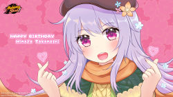 Rule 34 | 1girl, beret, copyright name, copyright notice, finger heart, flower, hair flower, hair ornament, happy birthday, hat, heart, highres, logo, looking at viewer, mahjong soul, michiyon, official art, open mouth, orange scarf, pink background, purple eyes, purple hair, scarf, sweater, takanashi hinata, yostar