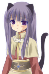 Rule 34 | 1girl, acolyte (ragnarok online), animal ears, capelet, cat ears, cat tail, closed mouth, expressionless, eyebrows, light purple hair, long sleeves, purple eyes, ragnarok online, sash, simple background, solo, tail, upper body, white background, yukian
