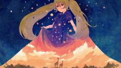 Rule 34 | 1girl, 72 (nananatsu), cloud, dress, giraffe, green hair, hatsune miku, md5 mismatch, night, night sky, resolution mismatch, scenery, sky, skyline, solo, star (sky), star (symbol), starry sky, twintails, vocaloid