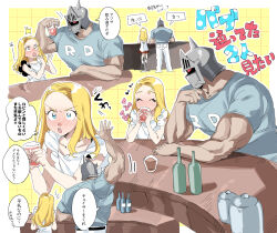 Rule 34 | 1boy, 1girl, alcohol, alisa mackintosh, armor, artist request, biceps, blush, casual, couple, drink, drinking, drunk, helmet, hetero, highres, holding, holding drink, kinnikuman, large pectorals, looking at another, manly, muscular, pectorals, print shirt, robin mask, shaded face, shirt, size difference, smile, translation request, wrestling outfit