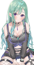 Rule 34 | 1girl, absurdres, bare shoulders, bead necklace, beads, belt, black belt, black bustier, black collar, black nails, black shorts, breasts, bustier, character name, cleavage, collar, ear piercing, earrings, fishnet pantyhose, fishnets, green hair, hair behind ear, heart o-ring, highres, jewelry, large breasts, long hair, looking at viewer, midriff, mole, mole on breast, nakano kura, navel, necklace, o-ring, o-ring thigh strap, pantyhose, piercing, polka dot sleeves, purple belt, purple eyes, see-through, see-through sleeves, short shorts, shorts, simple background, single earring, single leg pantyhose, sitting, solo, thigh strap, very long hair, virtual youtuber, vspo!, waist ribbon, white background, yakumo beni, yakumo beni (1st costume)