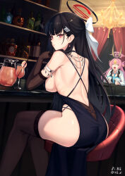 Rule 34 | 2girls, absurdres, animal ears, ass, bar (place), black hair, bld zi, blue archive, blue necktie, blush, bottle, breasts, brown gloves, cup, drink, drinking glass, drinking straw, elbow gloves, fake animal ears, gloves, hair ornament, hairpin, halo, highres, indoors, koyuki (blue archive), koyuki (bunny) (blue archive), large breasts, long hair, multiple girls, necktie, official alternate costume, open mouth, parted lips, pink hair, pink halo, rabbit ears, red eyes, rio (blue archive), shirt, twintails, twitter username, white shirt