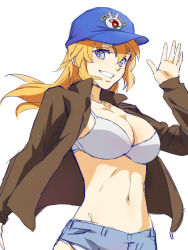 Rule 34 | 1girl, bad id, bad pixiv id, baseball cap, bikini, bikini top only, blue eyes, breasts, rabbit, charlotte e. yeager, denim, denim shorts, grin, hat, jacket, kisetsu, large breasts, long hair, looking at viewer, midriff, navel, orange hair, shorts, sketch, smile, solo, strike witches, swimsuit, waving, world witches series