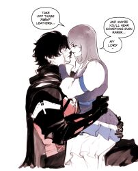 Rule 34 | 1boy, 1girl, armor, ass grab, black cape, black hair, cape, clive rosfield, couple, dress, english text, facial hair, final fantasy, final fantasy xvi, flirting, grey hair, hand on another&#039;s ass, hetero, highres, holding, imminent kiss, jill warrick, long hair, nyantcha, puffy sleeves, short hair, sitting, sitting on lap, sitting on person, square enix, upper body, vest, white dress