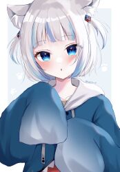 Rule 34 | 1girl, :o, animal ear fluff, animal ears, blue eyes, blue hair, blue hoodie, blush, cat ears, commentary, drawstring, english commentary, gawr gura, gawr gura (1st costume), grey hair, highres, hololive, hololive english, hood, hood down, hoodie, long sleeves, looking at viewer, multicolored hair, naarsann, parted lips, sleeves past fingers, sleeves past wrists, solo, streaked hair, two side up, upper body, virtual youtuber