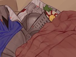Rule 34 | 1other, artorias the abysswalker, blush, blush visible through clothes, chosen undead, comfy, dakimakura (object), dark souls (series), dark souls i, helmet, highres, lying, meme, on back, photo-referenced, pillow, sleeping crusader (meme), sleepysolaire, solaire of astora, under covers