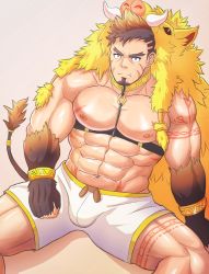 Rule 34 | 1boy, abs, absurdres, animal hood, bara, bare pectorals, boar boy, boar hood, boar tail, body fur, brown hair, bulge, chest harness, facial hair, facial mark, fang, forked eyebrows, frown, goatee, gullinbursti (housamo), harness, highres, hood, large pectorals, leg tattoo, long sideburns, looking at viewer, male focus, mature male, muscular, muscular male, navel, nipples, pectorals, scar, scar on chest, short hair, shorts, sideburns, solo, spread legs, stomach, tail, tattoo, thick thighs, thighs, tokyo houkago summoners, uiokv, white shorts