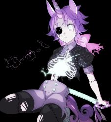 Rule 34 | animal ears, black background, black shirt, bow, character request, copyright request, crop top, eiku, hand saw, highres, holding, holding weapon, horns, one eye covered, pink bow, puffy short sleeves, puffy sleeves, purple hair, purple shorts, ribs, saw, shirt, short sleeves, shorts, single horn, skeleton, solo, stitches, tail, torn clothes, torn legwear, weapon, white footwear