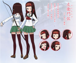Rule 34 | 10s, 1girl, armor, black thighhighs, blouse, bow (weapon), brown eyes, brown footwear, brown hair, character sheet, concept art, expressions, girls und panzer, green skirt, hand on own hip, headband, loafers, long hair, long sleeves, miniskirt, muneate, neckerchief, official art, one eye closed, ooarai school uniform, pleated skirt, saemonza (girls und panzer), school uniform, serafuku, shirt, shoes, skirt, solo, standing, sugimoto isao, thighhighs, thighs, weapon, white shirt, wink
