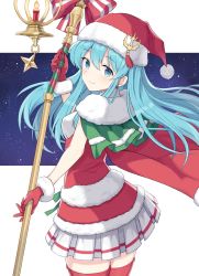 Rule 34 | 1girl, bare arms, blue eyes, blue hair, blush, breasts, cape, closed mouth, commentary request, cowboy shot, eirika (fire emblem), eirika (winter) (fire emblem), fire emblem, fire emblem: the sacred stones, floating hair, fur-trimmed cape, fur-trimmed gloves, fur trim, gloves, hat, head tilt, highres, holding, holding staff, long hair, looking at viewer, looking back, miniskirt, nintendo, pera, pleated skirt, red cape, red gloves, red hat, red ribbon, red shirt, red thighhighs, ribbon, santa hat, shirt, sidelocks, skirt, small breasts, smile, solo, staff, standing, star (symbol), starry background, striped ribbon, tassel, thighhighs, white background, white skirt, zettai ryouiki