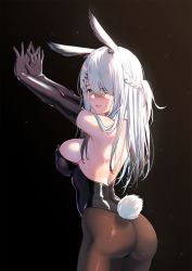 Rule 34 | 1girl, alternate costume, animal ears, arknights, ass, bare back, bare shoulders, bishi (bishi), black gloves, black leotard, braid, breasts, brown pantyhose, chinese commentary, commentary request, cowboy shot, elbow gloves, fake animal ears, french braid, frostnova (arknights), gloves, grey eyes, hair ornament, hair over one eye, hairclip, highres, large breasts, leotard, long hair, looking at viewer, pantyhose, parted lips, playboy bunny, rabbit ears, rabbit girl, rabbit tail, silver hair, solo, standing, strapless, strapless leotard, tail, thighs