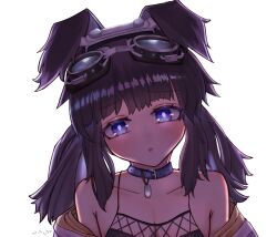 Rule 34 | 1girl, absurdres, animal collar, animal ears, bare shoulders, black hair, blue archive, blue eyes, blunt bangs, blush, breasts, cleavage, closed mouth, collar, collarbone, dog ears, dog girl, fishnet pantyhose, fishnets, goggles, goggles on head, hair bobbles, hair ornament, halo, heart, hibiki (blue archive), highleg, highleg leotard, highres, hime cut, jacket, leotard, long hair, long sleeves, looking at viewer, low twintails, medium breasts, off shoulder, open clothes, open jacket, pantyhose, psypolo d, purple collar, purple eyes, rabbit ears, simple background, smile, solo, strapless, strapless leotard, tail, twintails, upper body, white background