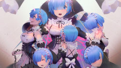Rule 34 | 10s, 1girl, :d, ^ ^, bad id, bad pixiv id, blood, blood on face, blue eyes, blue hair, blush, breasts, cleavage, closed eyes, detached sleeves, hair over one eye, highres, holding, holding weapon, jn3, looking at viewer, md5 mismatch, multiple views, open mouth, re:zero kara hajimeru isekai seikatsu, rem (re:zero), short hair, smile, weapon