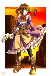 Rule 34 | 1girl, bad id, bad twitter id, black pantyhose, braid, brown hair, commentary request, dress, gloves, gun, hairband, long hair, pantyhose, purple dress, red hairband, ribbon, solo, virginia maxwell, weapon, wild arms, wild arms 3