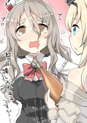 Rule 34 | 10s, 2girls, @ @, alcohol, bare shoulders, blonde hair, blue eyes, blush, bottle, breasts, brown eyes, corset, crown, crying, crying with eyes open, dress, eyebrows, grey hair, hair between eyes, hairband, hat, highres, holding, kantai collection, large breasts, long hair, mini crown, mini hat, multiple girls, off-shoulder dress, off shoulder, open mouth, pola (kancolle), ryuki (ryukisukune), tears, thick eyebrows, trembling, warspite (kancolle), wavy hair