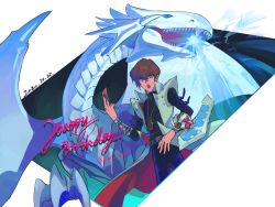 Rule 34 | 1boy, artist name, belt, blue-eyes white dragon, brown hair, card, coat, commentary request, dated, duel disk, duel monster, energy, hair between eyes, hand up, highres, holding, holding card, jewelry, kaiba seto, looking down, male focus, necklace, open clothes, open coat, open mouth, pants, short hair, sini sann, yu-gi-oh!, yu-gi-oh! duel monsters