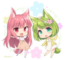 Rule 34 | 2girls, :d, animal ears, blush, bob cut, chibi, flower, fox ears, fox tail, green eyes, green fox (sasaame), green hair, hair flower, hair ornament, hand up, head wreath, jacket, long sleeves, looking at viewer, medium hair, multiple girls, open mouth, original, outstretched arms, pink fox (sasaame), pink hair, pink legwear, red eyes, sasaame, shirt, skirt, smile, socks, spread arms, striped clothes, striped legwear, striped thighhighs, tail, thighhighs, twitter username, white shirt, yellow jacket, yellow legwear