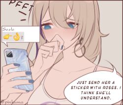 Rule 34 | 2girls, blonde hair, blue nails, blush, bronya rand, commentary, covering own mouth, earrings, emoji, english commentary, english text, furrowed brow, highres, holding, holding phone, honkai: star rail, honkai (series), jewelry, long hair, looking at phone, multicolored hair, multiple girls, phone, pinkuma, serval landau, solo focus, speech bubble, streaked hair, tank top, text messaging, twitter username, white tank top