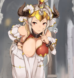 Rule 34 | 10s, 1girl, aliza (granblue fantasy), breast slip, breasts, brown eyes, circlet, detached sleeves, draph, dress, female focus, finger to mouth, flashing, frown, granblue fantasy, hanging breasts, highres, horns, inverted nipples, lactation, large breasts, leaning forward, nipples, one breast out, shushing, solo, white hair, yozo (stanky)