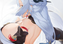Rule 34 | 1girl, absurdres, areola slip, bare back, bare shoulders, braid, breasts, cleavage, detached sleeves, earrings, from behind, genshin impact, grey eyes, hair ornament, hair stick, highres, jewelry, jinjide shaonian, large breasts, long hair, long sleeves, shenhe (genshin impact), sideboob, simple background, solo, upper body, white background