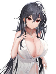 Rule 34 | 1girl, azur lane, bare arms, bare shoulders, black hair, blush, breasts, cleavage, closed mouth, dress, earrings, hair ornament, highres, jewelry, large breasts, long hair, looking at viewer, necklace, official alternate costume, raurashun, red eyes, solo, taihou (azur lane), taihou (temptation on the sea breeze) (azur lane), white dress